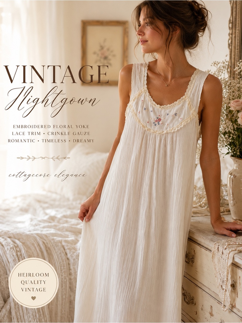 1970’s Vintage Sheer Gauze Embroidered Ivory Nightgown Cottagecore Sleepwear